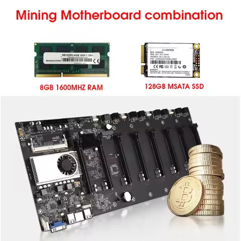 BTC-T37 Mining Motherboard 8 GPU Bitcoin Crypto Etherum Mining with 128GB MSATA SSD DDR3 8GB 1600MHZ
