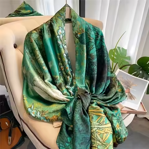 Luxury Green Silk Scarf 90*180cm Women Soft Smooth Scarves Head Wrap Hijab Outdoors Muffler Long Sha