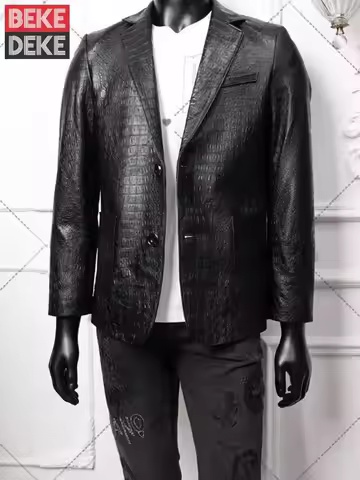 Business Mens Work Crocodile Pattern Sheepskin Genuine Leather Blazer Single Breasted Slim Fit Suit 