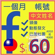 一個月行銷社群號-台灣地區申請+中文姓名+加團-百萬Facebook社群行銷術專用,推廣,貼文帳號行銷專用,FB,臉書