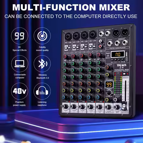 TKLBLS Professional 6-Channel 99DSP Audio Mixer 48V Phantom Power USB Studio Karaoke Bluetooth DJ Co