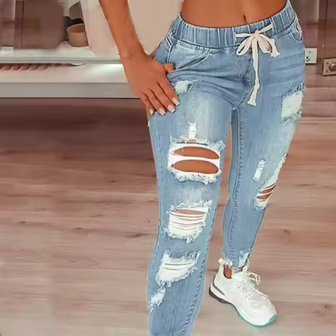 Fashion Vintage Blue Ripped Jeans Women Elastic Waist Drawstring Pencil Denim Jeans Office Lady Hole
