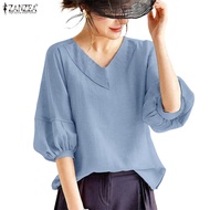 ZANZEA Women's V Neck Short Sleeve Lantern Blouse