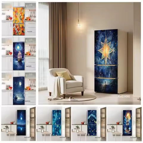 Fantasy Ocean Night Scene Fridge Decal, Waterproof Removable Decor for Kitchen Fridge Cabinets Door 