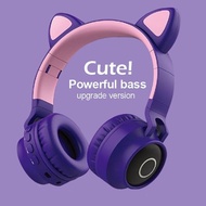Kulomi Shop Cute Cat Ear Headphones Wireless LED Luminous Cat Wireless Headphones Bluetooth Headset Heavy Bass Hari Raya