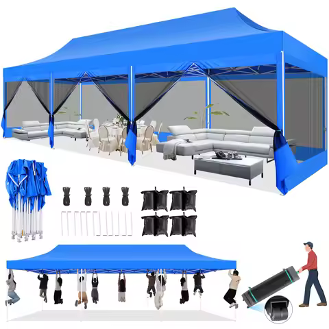 10x30FT Canopy Tent with 8 Sidewalls,Heavy Duty Pop up Canopy Party Tent with Mosquito Netting,Easy 