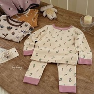 日系兒童秋冬款純棉家居服【米色玫瑰 90cm】男女童套裝睡衣 長袖上衣長睡褲 兒童秋衣秋褲 卡通可愛 舒適親膚 居家睡衣套裝