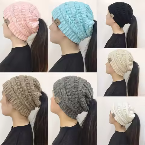 Women Winter Knitted Beanie Hat Messy Bun Ponytail Beanie Holey Warm Wool Beanie Hats