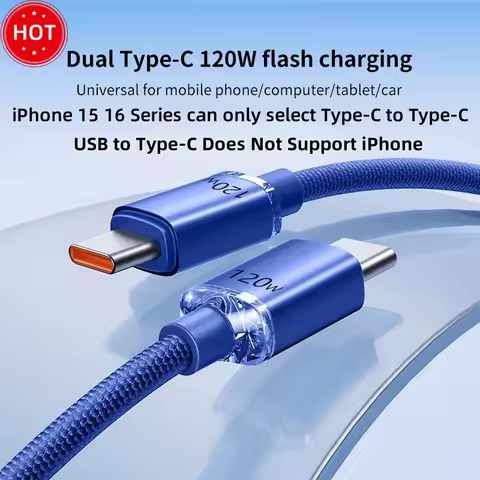 120W 6A Super Fast Charging Cable 0.25/1/1.5/2M USB/Type-C to Type-C Interface Data Cable For iPhone