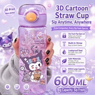 Elsa Kuromi Melody Kids Straw Water Cup, Leakproof Shatterproof Cartoon Plastic Water Bottle 600ml
