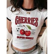 1pc Women's Fitted Round Neck Short Sleeve T-Shirt Top, Cherry Print, Y2K Cropped Shirt, Suitable Fo