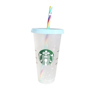 Byssherer Reusable Star-Bucks Tumbler สีเปลี่ยนถ้วยเย็น Starbuck ถ้วยแก้วพลาสติกไม่มีหูจับพร้อมฝาปิด