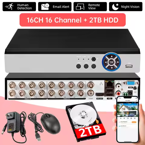 16CH DVR with 2TB HDD Surveillance Video Recorder Channel Standalone Video Security 5MP DVR Camera R