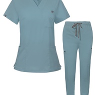 TEMU Multicolored Frosted Uniform Short-sleeve Top + Long Pants Nursing Outfit For Women, Suitable F