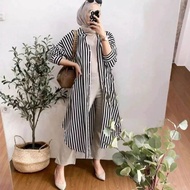 Tunik Kemeja Lengan Panjang Bahan Katun Rayon Adem Motif Garis Stripe