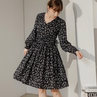 OB Floral V-Neck Double-Layer Asymmetrical Waist Drawstring Dress < DA10325 >