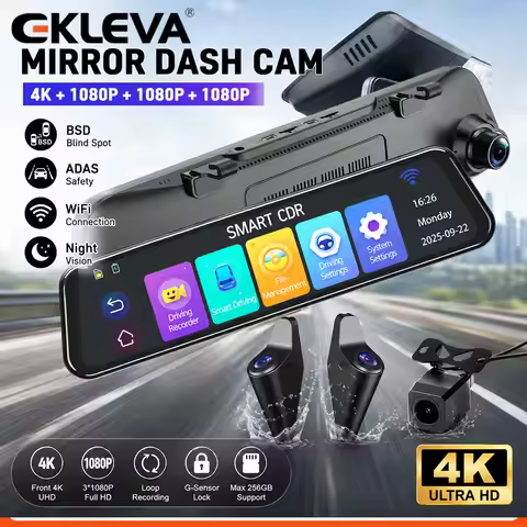 EKLEVA 12 Inch 4K Super HD Rearview Mirror Dash Cam BSD ADAS 1080P Rear Camera Video Recorder