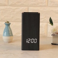 日系 多功能木紋竹LED時鐘/溫度計/日期筆筒 - 黑木 收納 文具 電子鐘