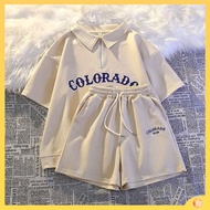 ชุดออกกําลังกายผู้หญิง ชุดออกกําลังกาย Preppy polo sportswear suit women's summer loose running salt shorts loose casual two-piece set ชุดว่ายน้ํา j