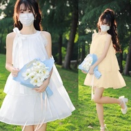 Women's dress with duck cake, gentle princess muse. Lady's dress with halter neck and bow tie, 3-lay