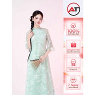 Women's ao dai, high-quality 4-panel blue embroidered silk ao dai, size S - 3XL