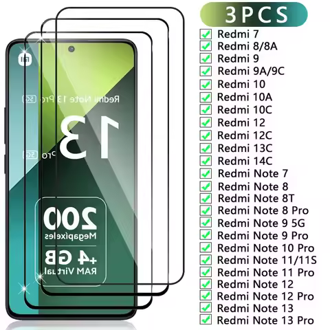 3PCS Tempered Glass For Xiaomi Redmi Note 13 12 11 10 9 8 7 Pro 4G 5G Screen Protector For Redmi 7 8
