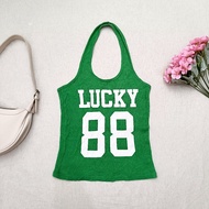 HIJAU Lucky 88 Green Women's Halter Neck Tank Top | Kawaii Harajuku Style