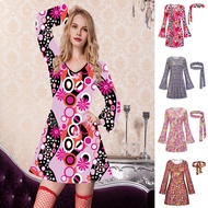 Norkee Retro Dress Casual Loose Fit Dress 70s Disco Party Costume Set with Headband Colorful A-line 
