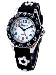 3d黑色足球卡通兒童手錶帶數字和石英運動,男孩禮物