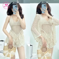 Đồ bơi nữ bikini 3 món ren móc quảng châu mẫu mới phong cách vintage đồ đi biển bikini kín đáo