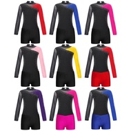 Kids Girls Dance Gymnastics Figure Skating Costume Shiny Rhinestone Color Block Leotard with V-front Waistband Shorts