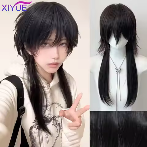 XIYUE Synthetic Cosplay Wig Mullet Head Wig Natural Black Gold High Quality Wig For Boy Straight Wol