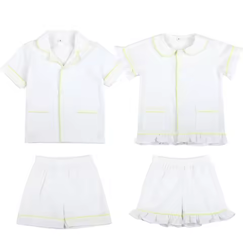 Summer Baby Clothes White Seersucker 100% Cotton Short Sleeve Kids Pajamas Set Siblings Matching Ruf