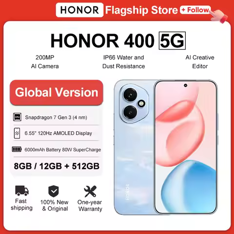 New HONOR 400 Global Version 5G Smartphone 6.55" AMOLED Display 200MP Camera Snapdragon 7 Gen 3 6000