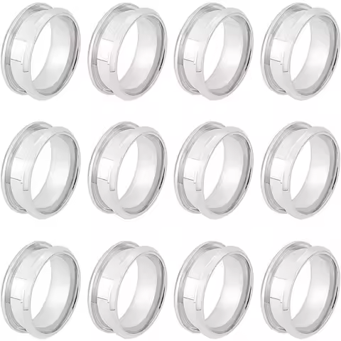 12Pcs Size 7 Stainless Steel Grooved Finger Ring with Velvet Pouches Blank Core Ring Hypoallergenic 