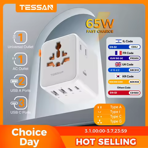 TESSAN 65W GaN Universal International Plug Adapter with AC Outlet USB Type C 100W 140W 28W 20W Trav