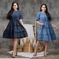 Dress Jeans Jumbo Mini Dress Rempel Lengan Pendek Dress Lepis Wanita Susun Pinggang Serut