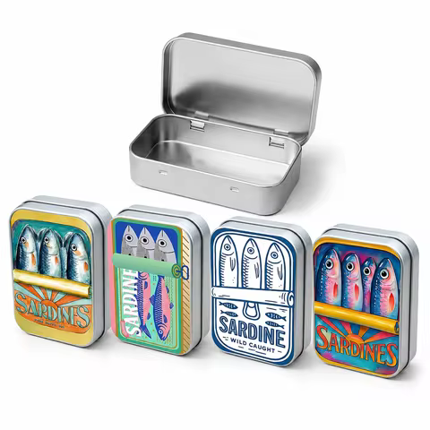 Retro Sardine Print Mini Metal Storage Tin, Portable Hinged Box for Earbuds Jewelry Pills Coins Trav