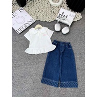 ALO embroidered cotton lotus collar shirt set mixed with polka dot down jeans for girls