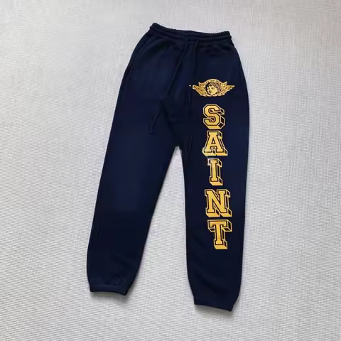 25SS Oversized Saint Michael Angel Sweatpants Pure Cotton Navy Blue Jogger Sweat Pants Mens Pants