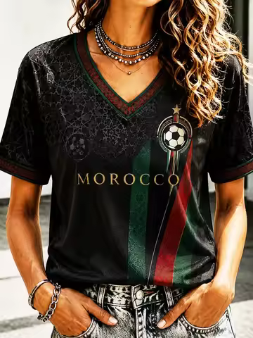 2026 New Morocco Women's Soccer Jersey, Black with Traditional Geometric Print & "MOROCCO" Text V-Ne