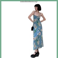 ✦CJ♣Women’s Sexy Suspender Long Dress Fashion Flower Printing Square Collar Skin Dress