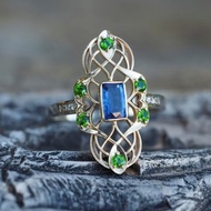 14k gold ring with kyanite, chrome diopside, diamonds