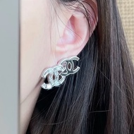 CHANEL/香奈兒 24B 方鑽雙C鴛鴦耳環/耳釘 銀色 方糖鑽 冰糖鑽 不對稱設計 不對稱AB款耳環