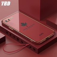 YBD เคสโทรศัพท์เคลือบขอบตรงสำหรับ Appleเคสรูปแบบใบเมเปิ้ลพร้อมสายคล้องฟรีสำหรับ Apple iPhone 8 Plus 7 Plus 6 6S Plus SE 2020