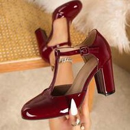 [MISS ROSIE] T-Strap Mary Jane Chunky Heel Shoes, Soft Comfortable Vintage Y2K Shoes, Beige, Black A