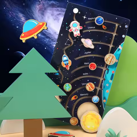 Wooden Solar System Cognitive Game Colorful Sun Earth Space 9 Planets Science Toys For Children Trai