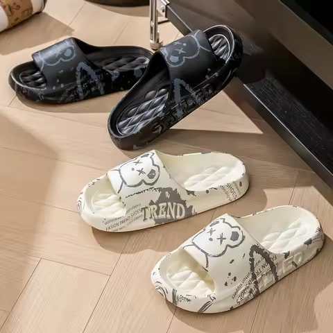 Fashion Summer Cartoon Bear Men Home Shoes Gent Non-slip Soft Indoor Slides Lithe Cosy Sandals Coupl