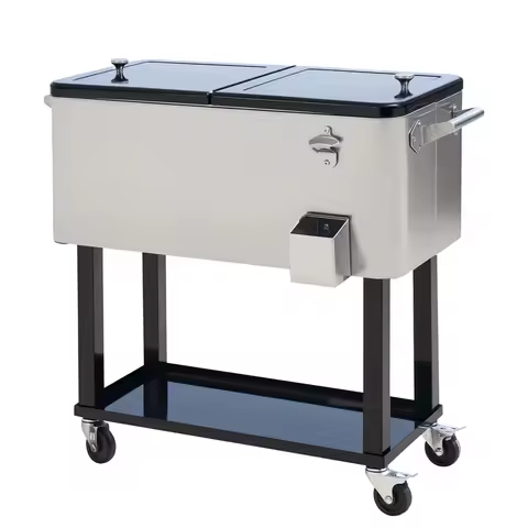 Outsunny 80 QT Rolling Cooling Bins Ice Chest on Wheels Outdoor Stand Up Drink Cooler Cart for Party