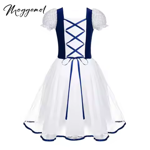 Kids Girls Giselle Ballerina Costumes Princess Ballet Tutu Dress Velvet Lace Bubble Sleeves Dance On